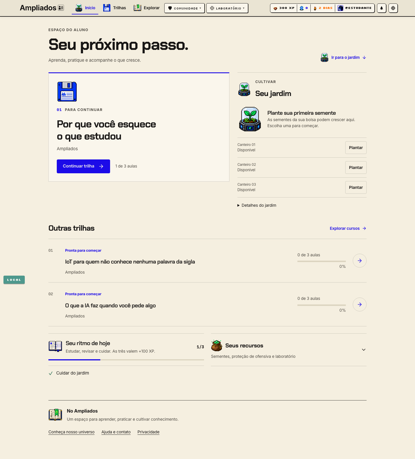 Painel atual do estudante com próximo passo, trilhas em andamento e acesso ao jardim