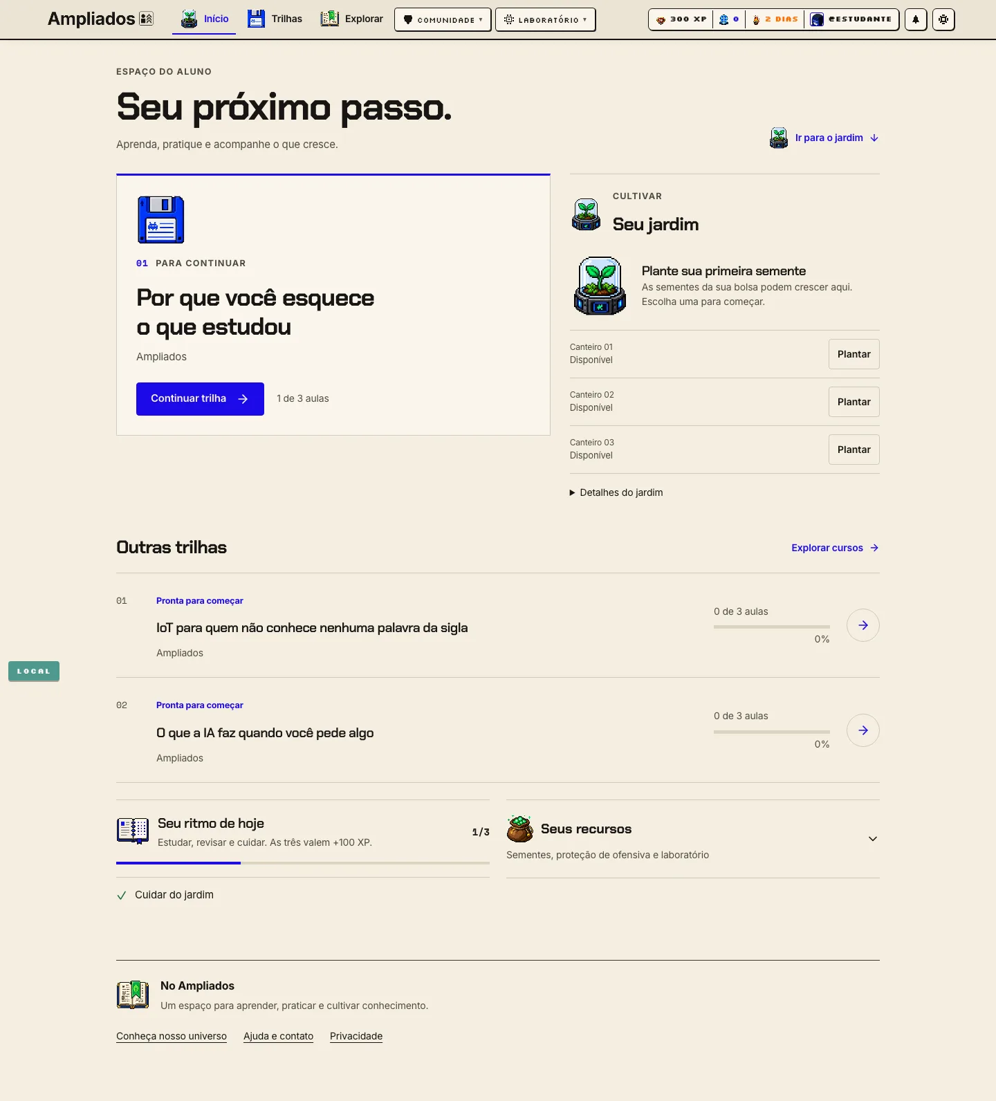 Painel atual do estudante com próximo passo, trilhas em andamento e acesso ao jardim
