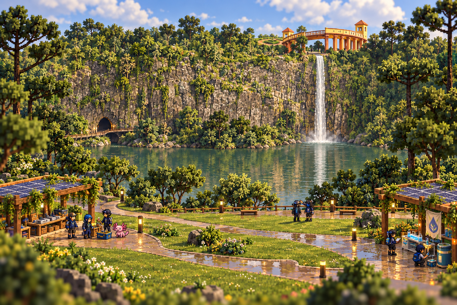 Arte conceitual oficial de Curitiba 2045: Parque Tanguá com estudantes, quiosques com painéis solares, axolote de estimação, lago e cascata no paredão da pedreira.
